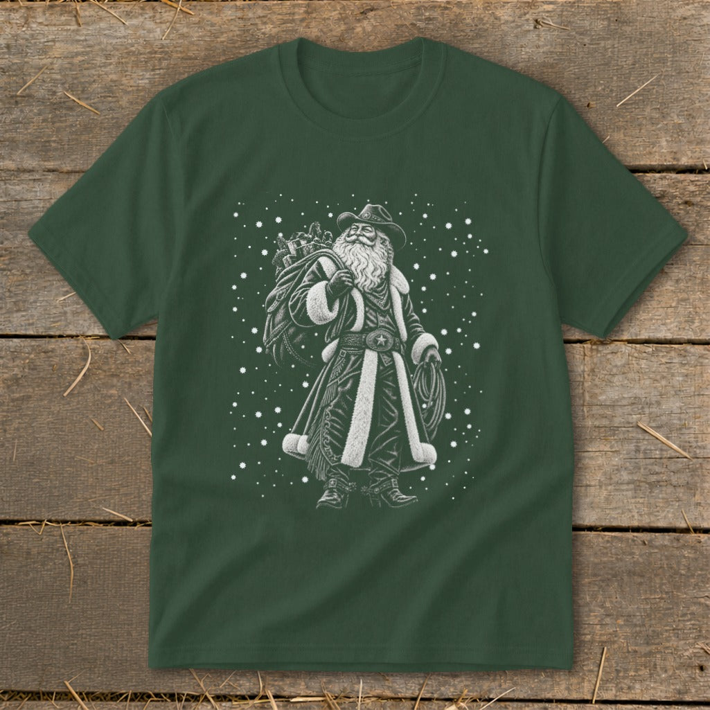 Cowboy Santa with sack of gifts and lasso on dark green t-shirt.