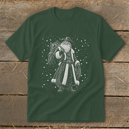 Cowboy Santa with sack of gifts and lasso on dark green t-shirt.