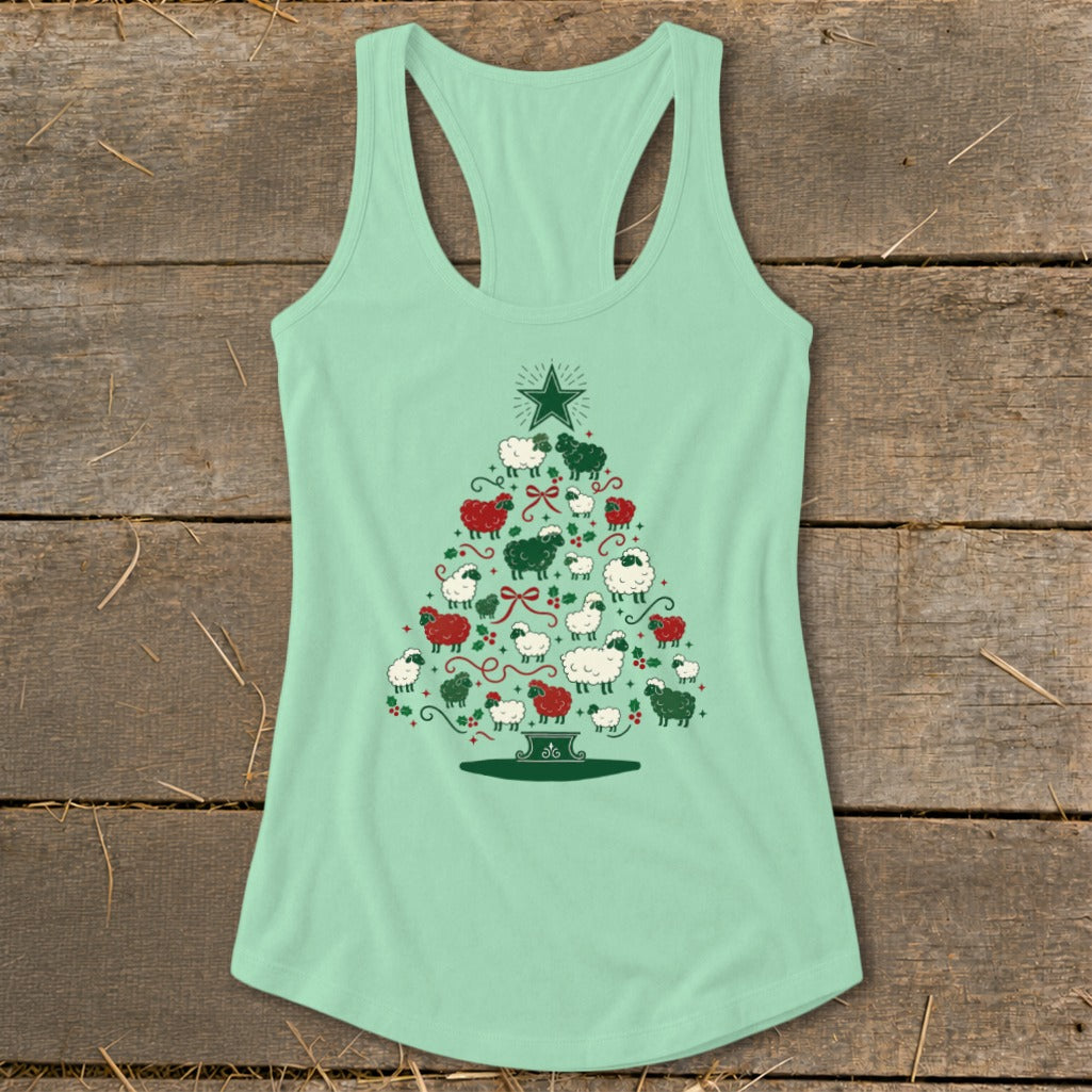 Light mint green tank top with a Christmas tree made of sheep and festive accents.