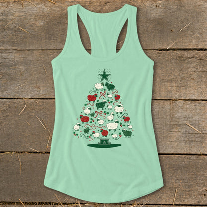 Light mint green tank top with a Christmas tree made of sheep and festive accents.