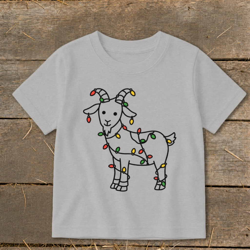 Light gray t-shirt with a drawing of a goat decorated with colorful Christmas lights.