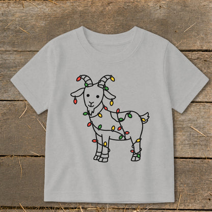 Light gray t-shirt with a drawing of a goat decorated with colorful Christmas lights.