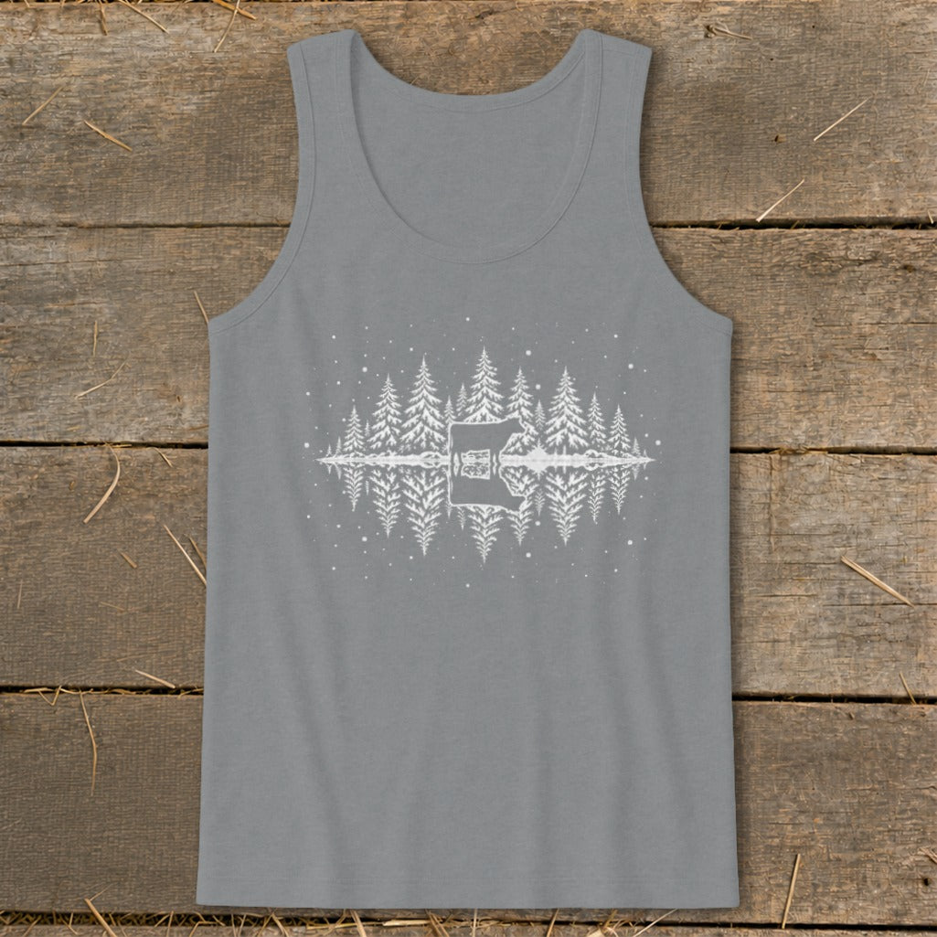 Grey tank top with white graphic of a cow, trees, and reflection on water.