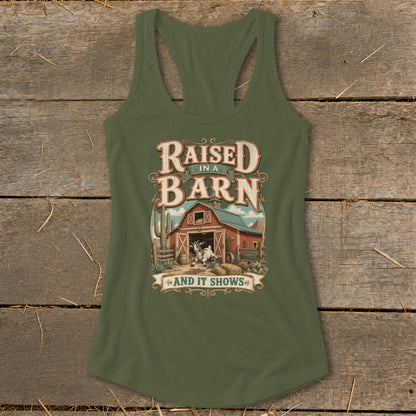 Green tank top with "Raised in a Barn and It Shows" text and barn scene.