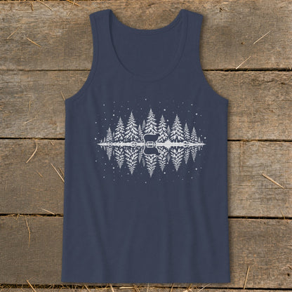 Navy tank top with white pine trees and deer reflected in water.