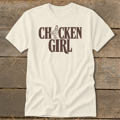 Cream t-shirt with "CHICKEN GIRL" text and a chicken graphic.