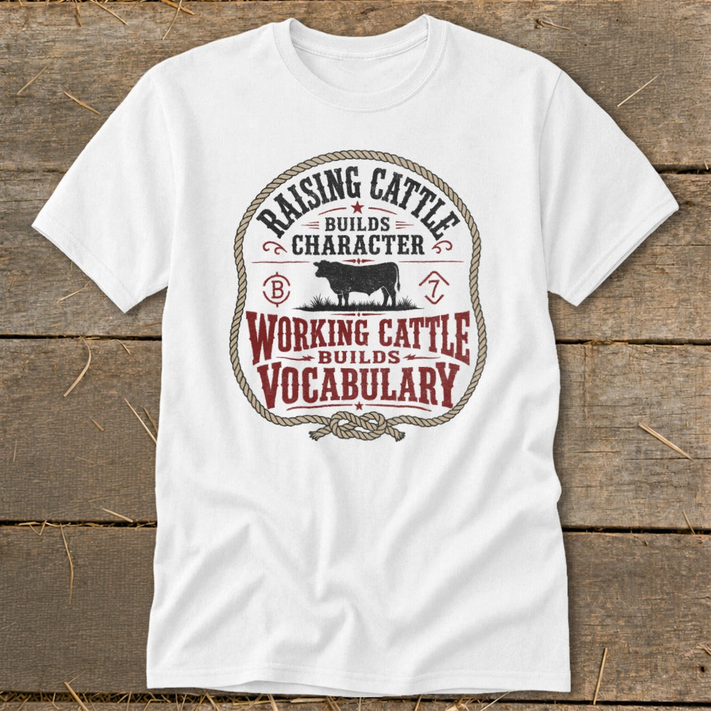 White t-shirt with "Raising Cattle Builds Character" and "Working Cattle Builds Vocabulary" text.
