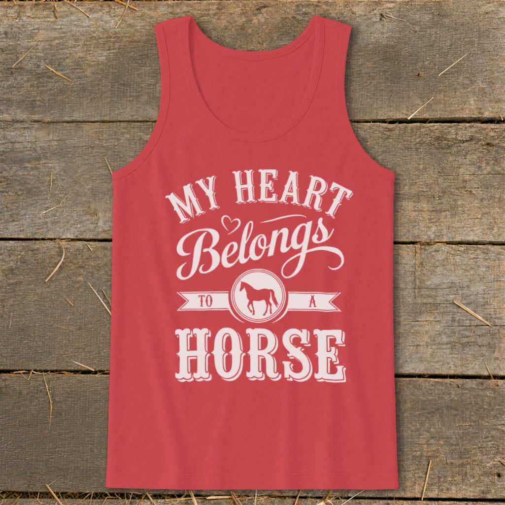 Red tank top with "My Heart Belongs to a Horse" text and horse graphic.
