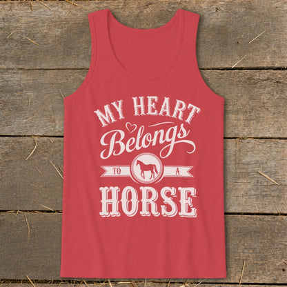 Red tank top with "My Heart Belongs to a Horse" text and horse graphic.