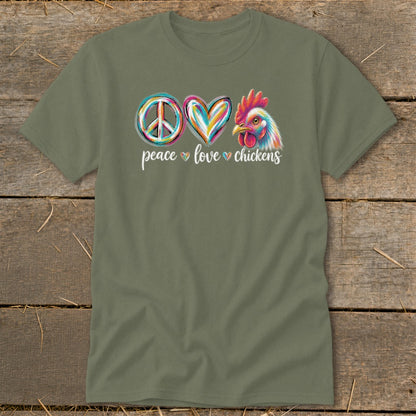 Green t-shirt with peace, love, and chicken graphic and text.