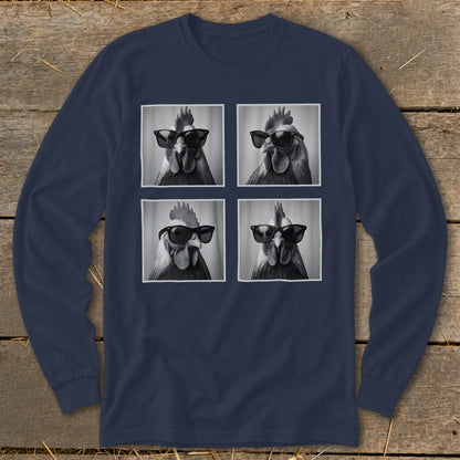 Navy long sleeve shirt with four black and white portraits of roosters wearing sunglasses.
