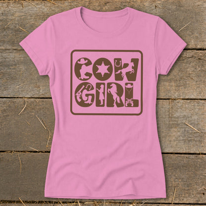 Pink t-shirt with brown "Cow Girl" graphic and Western-themed icons.