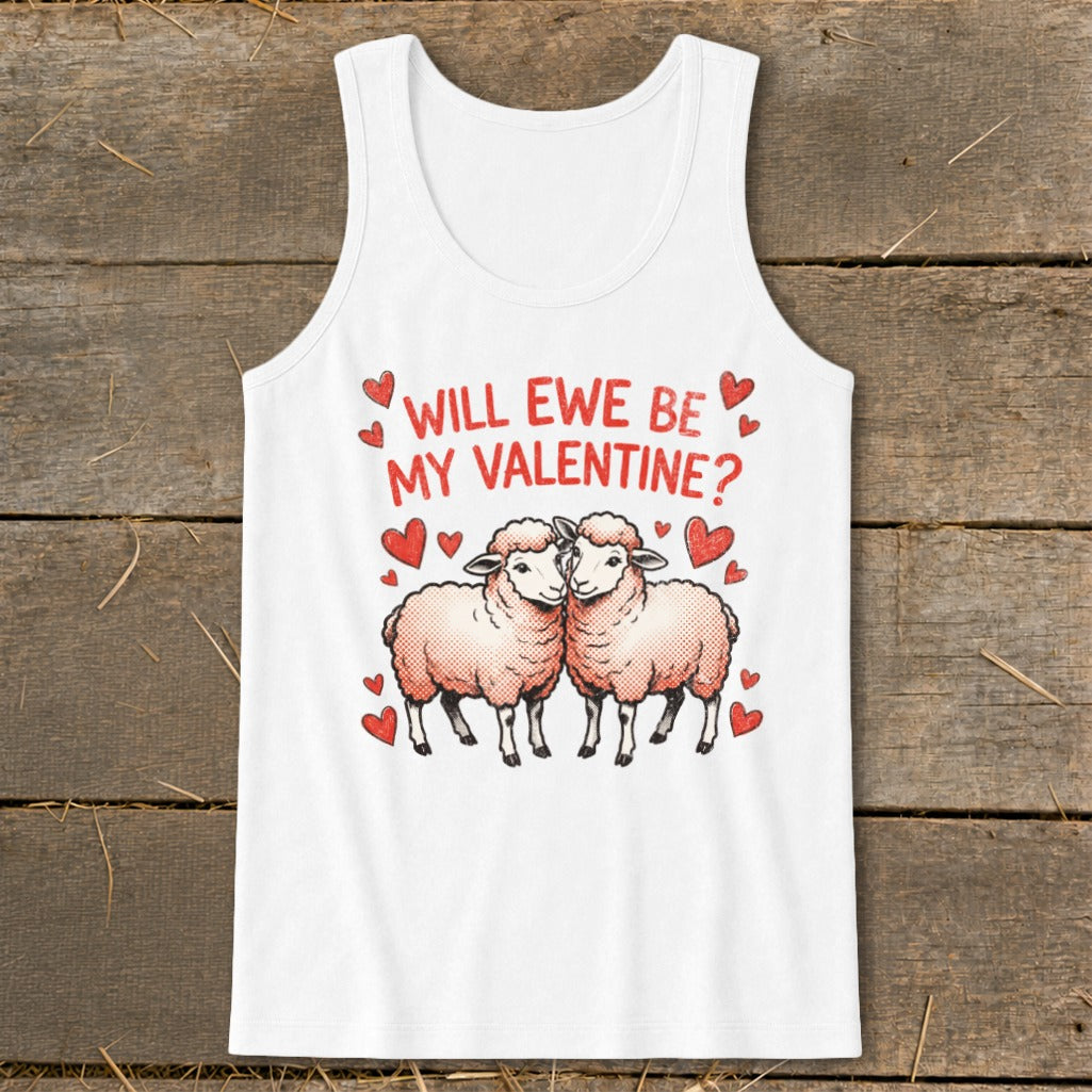 White tank top with two sheep and "Will Ewe Be My Valentine?" text.