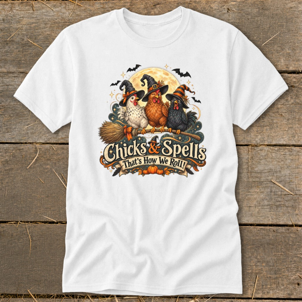Three witch-hatted chickens ride a broomstick under a full moon with text "Chicks & Spells."