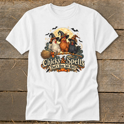 Three witch-hatted chickens ride a broomstick under a full moon with text "Chicks & Spells."