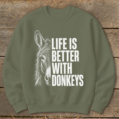 Green sweatshirt with donkey sketch and text "Life is Better With Donkeys".