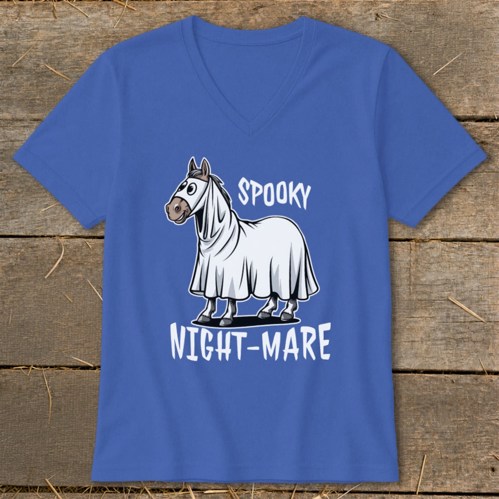 Blue t-shirt with cartoon horse in ghost costume and text "SPOOKY NIGHT-MARE".