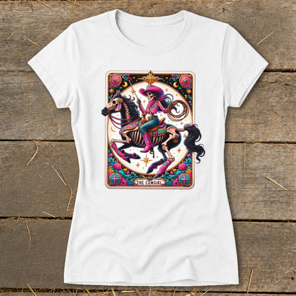 Skeleton cowgirl on horse with lasso, surrounded by floral border and text "The Cowgirl".