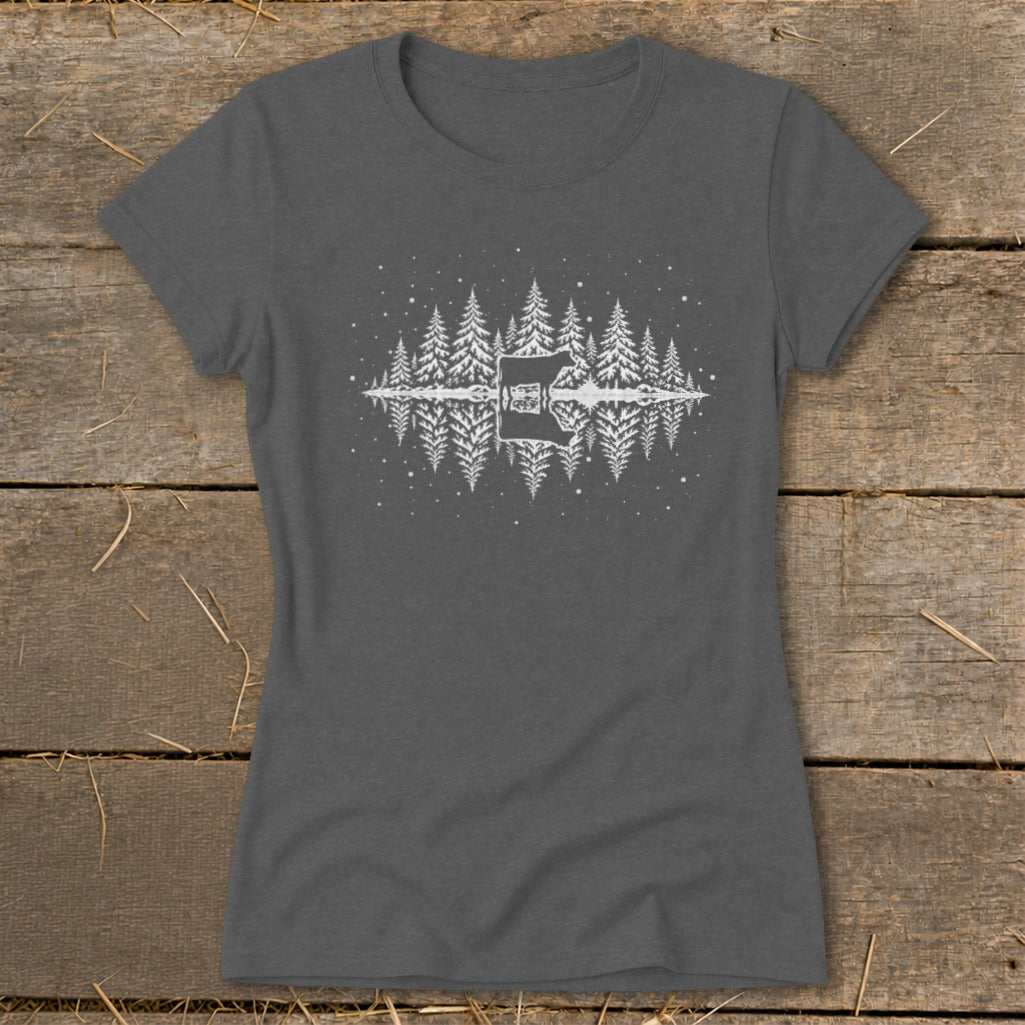Dark grey t-shirt with white forest, deer, and reflection graphic.