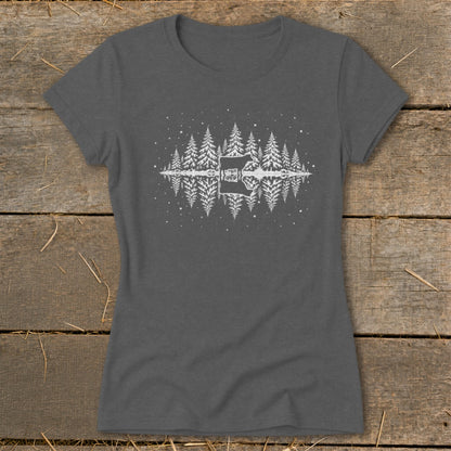 Dark grey t-shirt with white forest, deer, and reflection graphic.