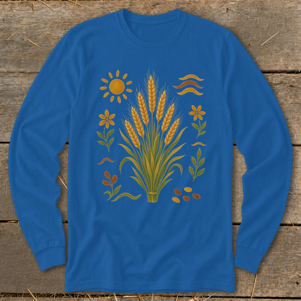 Blue long sleeve shirt with a central wheat sheaf design and surrounding sun, flowers, and seeds.