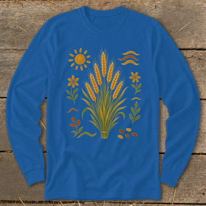 Blue long sleeve shirt with a central wheat sheaf design and surrounding sun, flowers, and seeds.