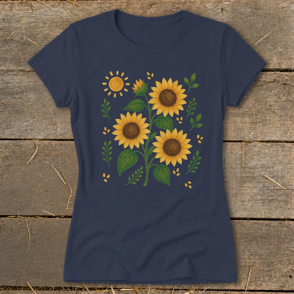 Navy t-shirt with a stylized sunflower and sun graphic.