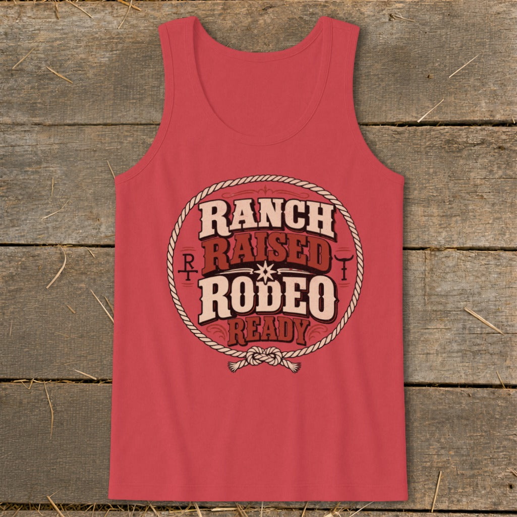 Coral tank top with "Ranch Raised Rodeo Ready" text and rope graphic.