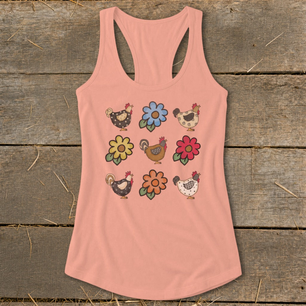 Peach tank top with a grid of nine embroidered chickens and flowers.