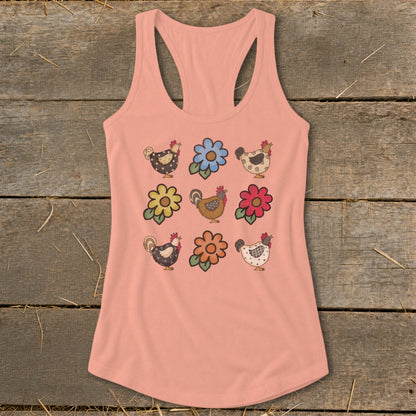 Peach tank top with a grid of nine embroidered chickens and flowers.