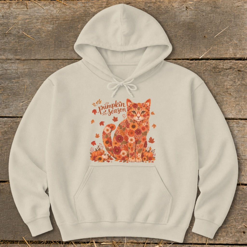 Cream hoodie with floral cat design and "Pumpkin Season" text.