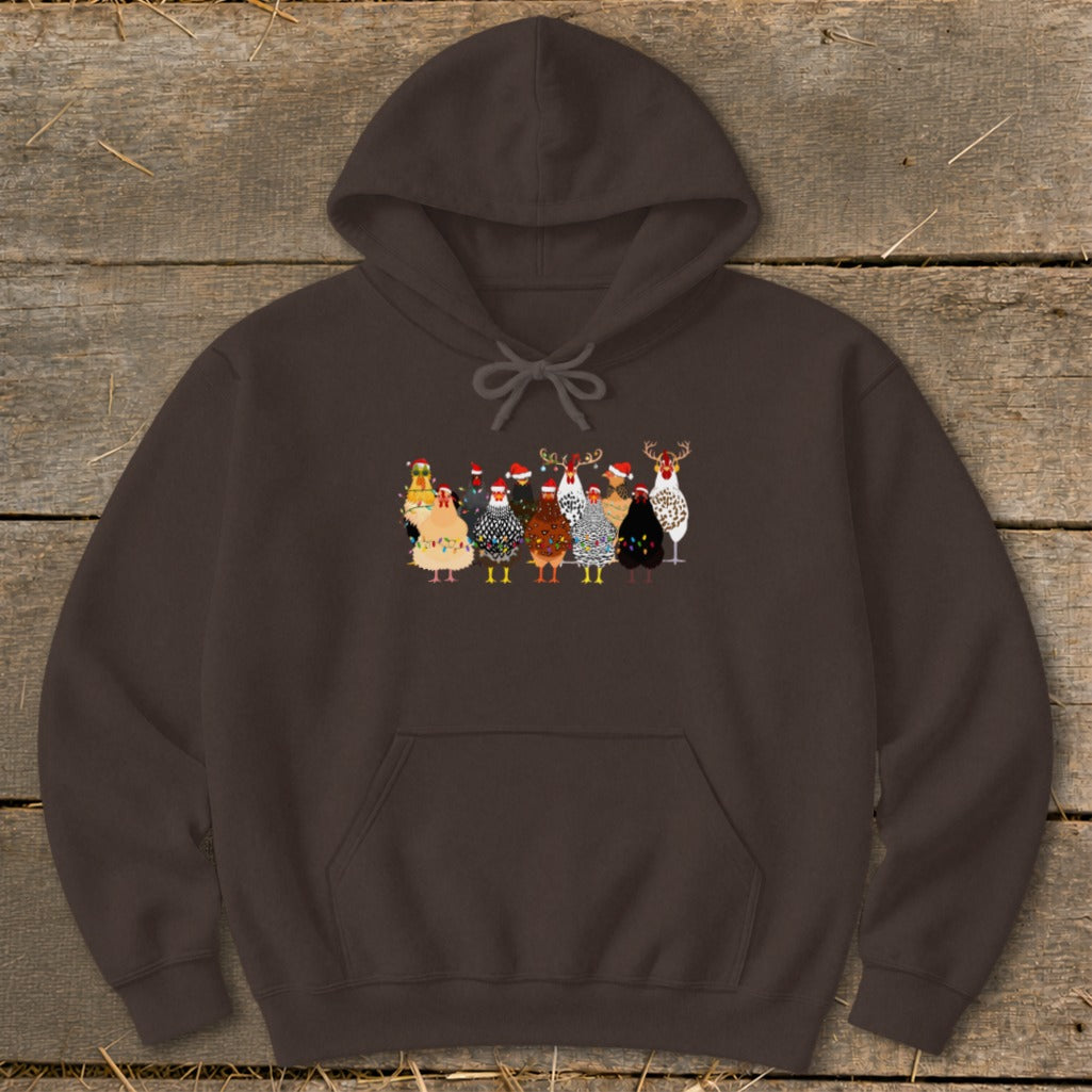 Brown hoodie with a line of festive chickens wearing Santa hats and reindeer antlers.