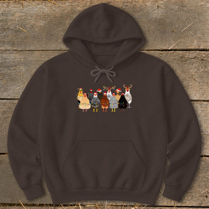 Brown hoodie with a line of festive chickens wearing Santa hats and reindeer antlers.