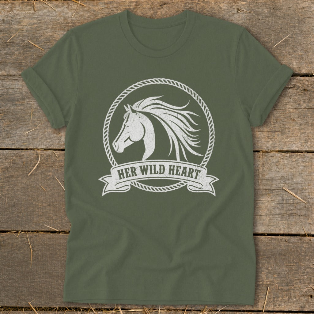 Olive green t-shirt with white horse head graphic and "HER WILD HEART" text.