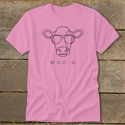 Pink t-shirt with line art of a cow wearing glasses and the text "MOO-D".