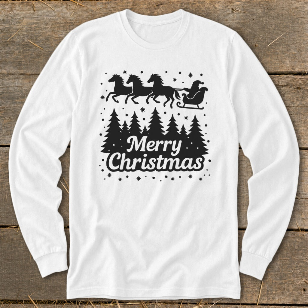 White long sleeve shirt with black "Merry Christmas" text, horses, sleigh, Santa, and trees.