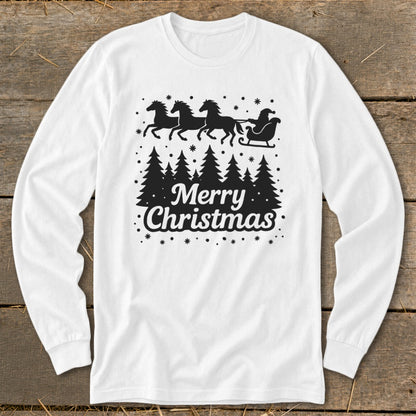 White long sleeve shirt with black "Merry Christmas" text, horses, sleigh, Santa, and trees.