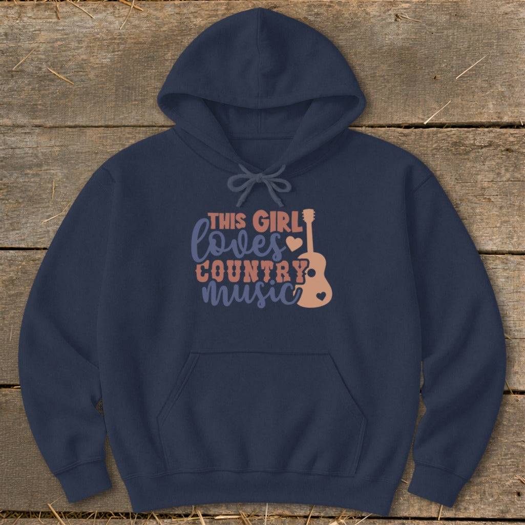 Navy hoodie with "This Girl Loves Country Music" text and guitar graphic.