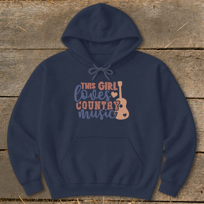 Navy hoodie with "This Girl Loves Country Music" text and guitar graphic.