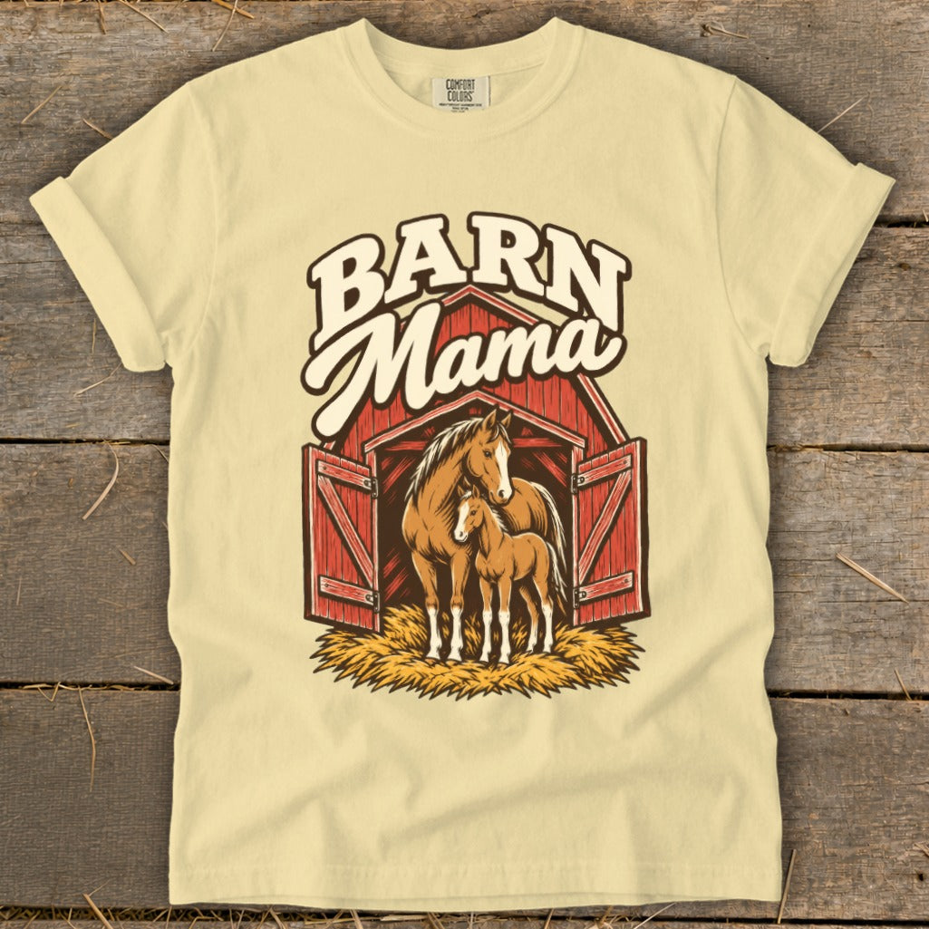 Cream t-shirt with "Barn Mama" text and illustration of a mare and foal in a barn.