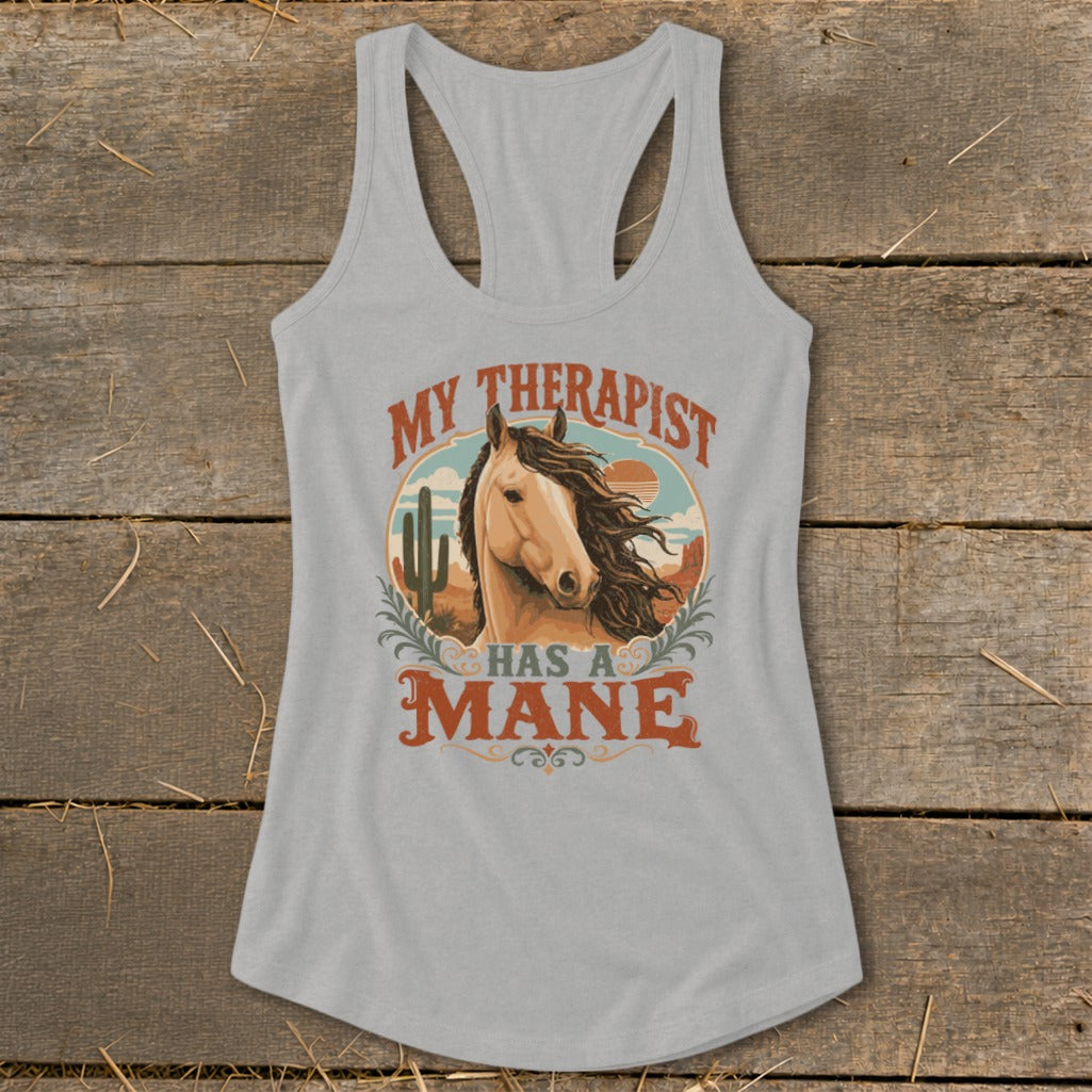 Tank top with horse graphic and text "MY THERAPIST HAS A MANE".