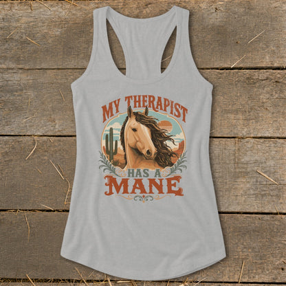Tank top with horse graphic and text "MY THERAPIST HAS A MANE".