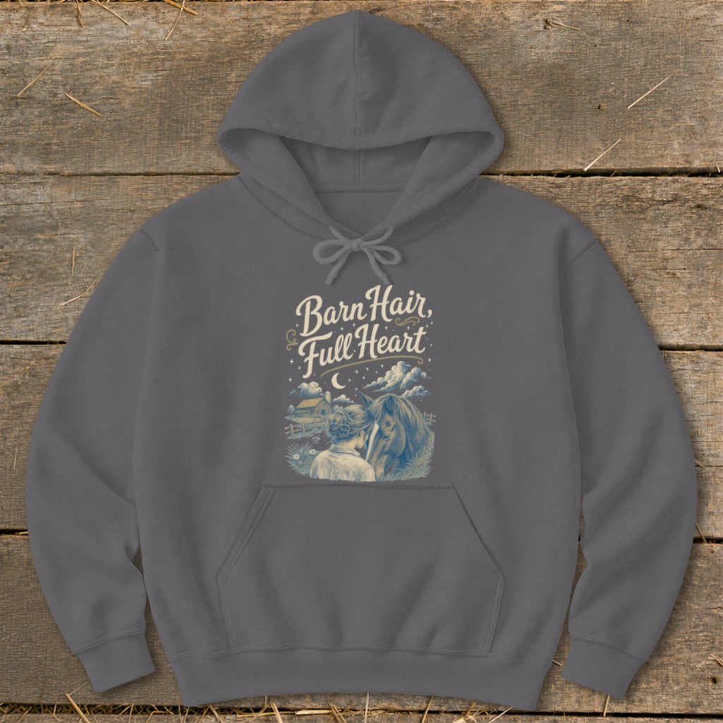 Grey hoodie with "Barn Hair, Full Heart" text and farm scene with horse.