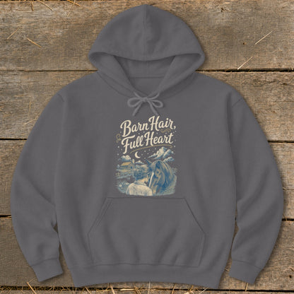 Grey hoodie with "Barn Hair, Full Heart" text and farm scene with horse.