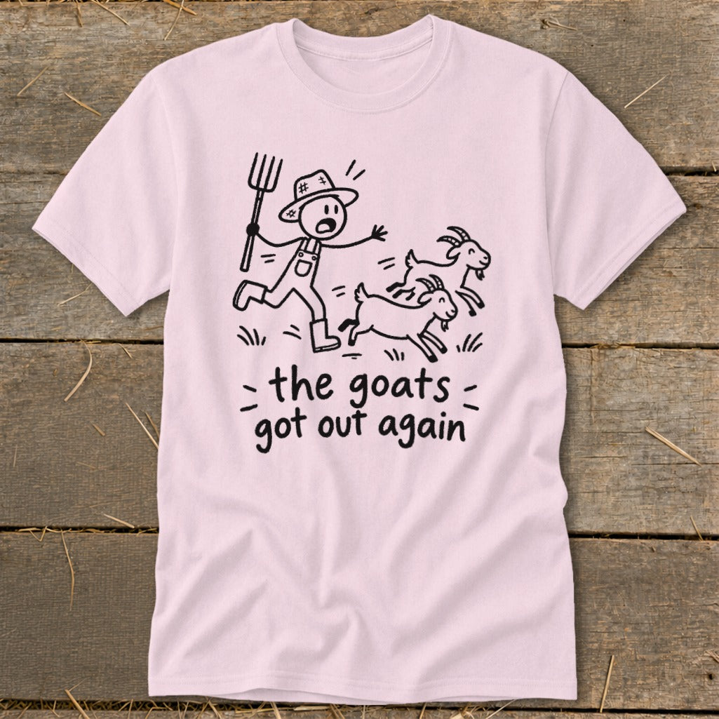 Stick figure farmer chases goats with pitchfork, text "the goats got out again".