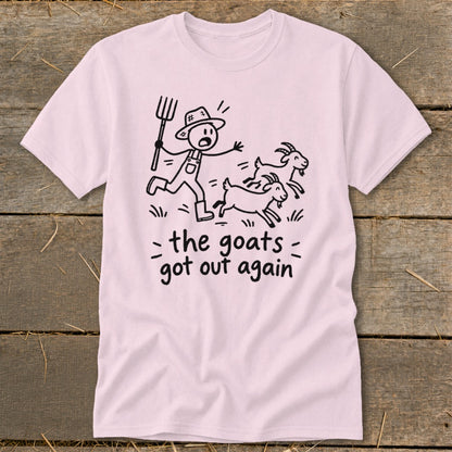 Stick figure farmer chases goats with pitchfork, text "the goats got out again".