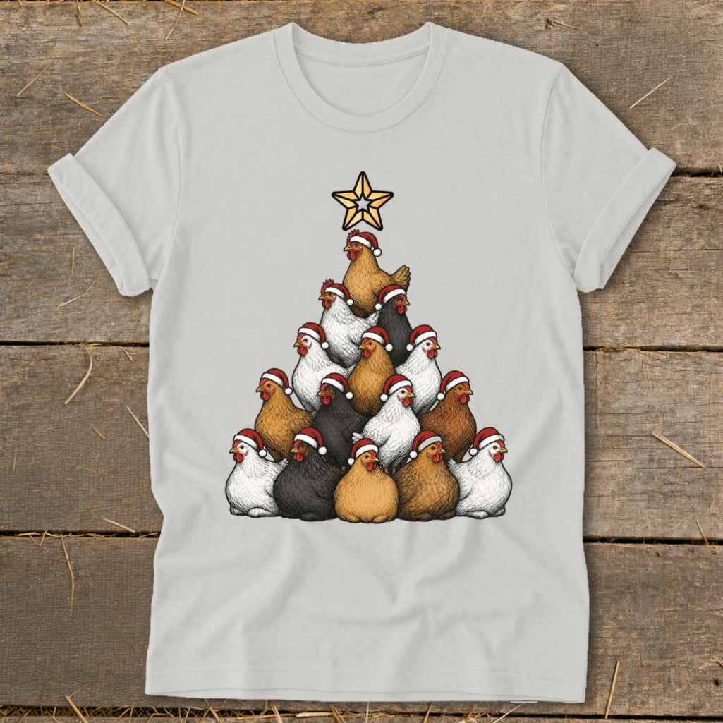 T-shirt featuring a Christmas tree made of chickens wearing Santa hats and a star.