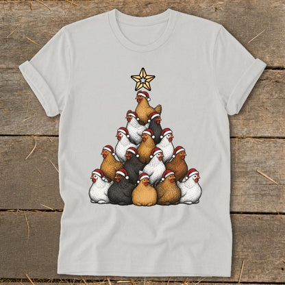 T-shirt featuring a Christmas tree made of chickens wearing Santa hats and a star.