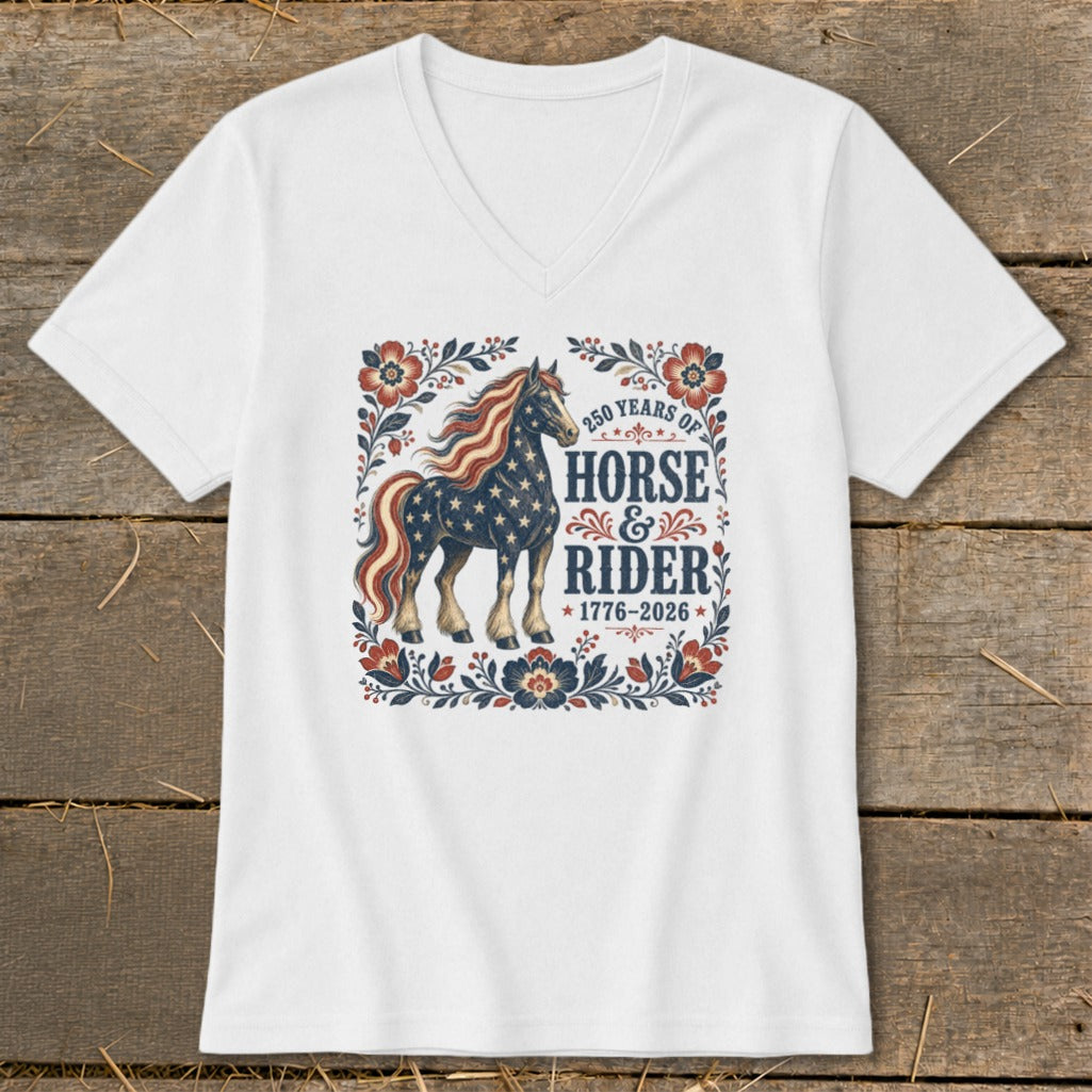 White t-shirt featuring a patriotic horse and rider graphic with dates 1776-2026.