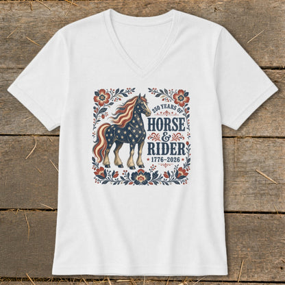 White t-shirt featuring a patriotic horse and rider graphic with dates 1776-2026.